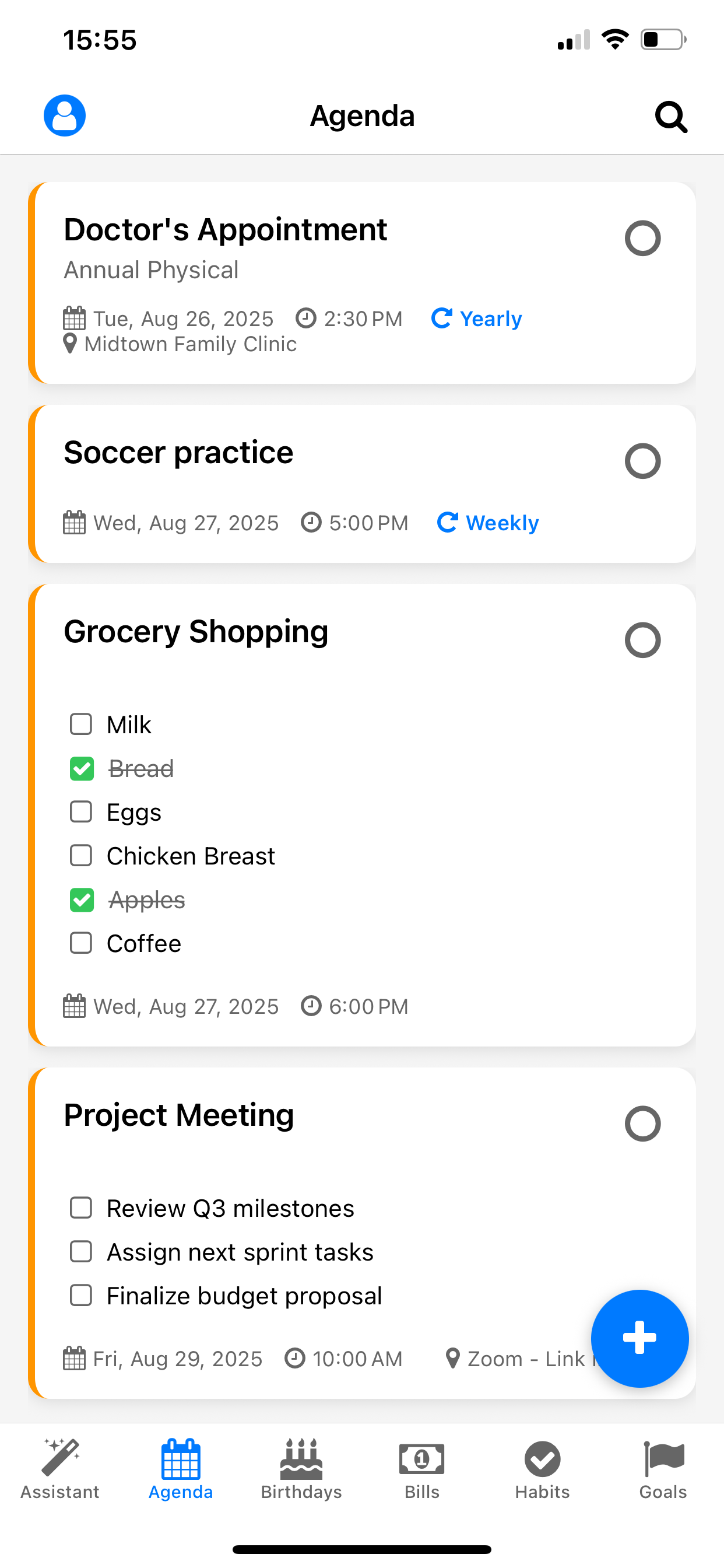 Life Tracker AI agenda view
