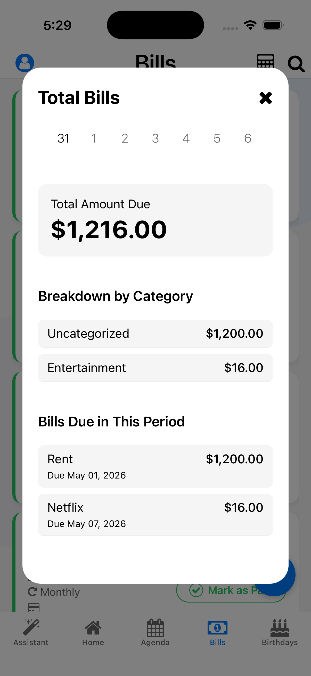 Total amount due until next pay day