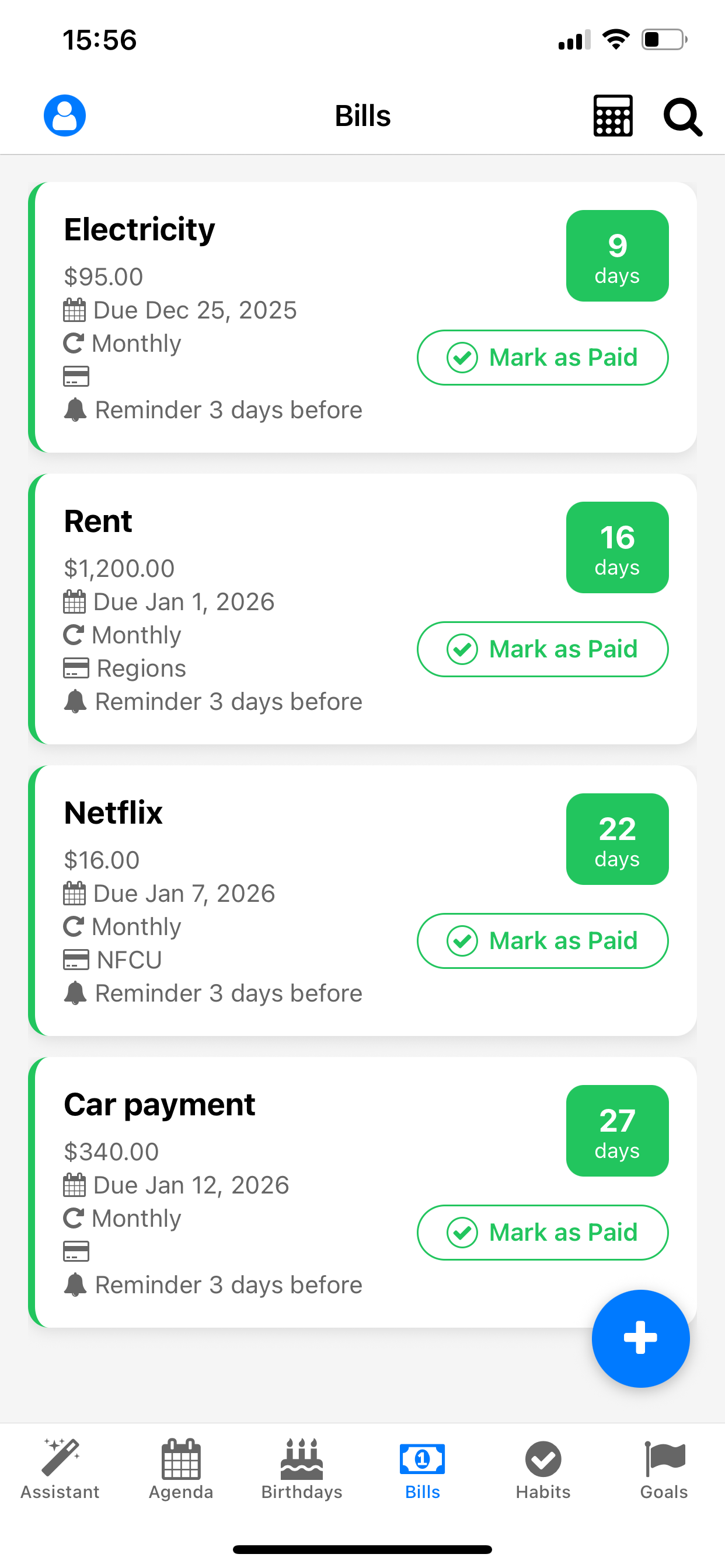 Life Tracker AI bills list with due dates and reminders