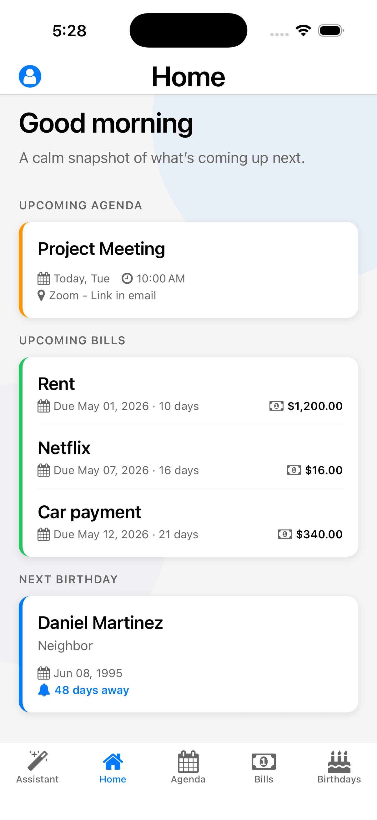 Life Tracker AI Home screen showing the main dashboard